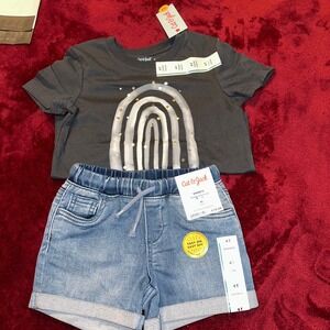 Cat & Jack Toddler Girls 4T Rainbow T-Shirt and Denim Shorts Outfit Set NWT